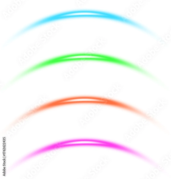 Fototapeta Set of Four Curved Neon Light Lines with Soft Glow in Cyan, Green, Orange, and Pink on Transparent Background (PNG)