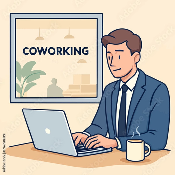 Fototapeta Vector illustration of a businessman working on a laptop with coffee in a coworking space