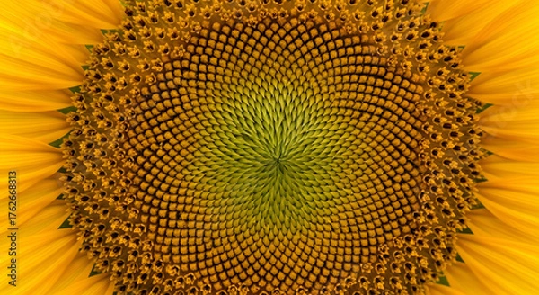 Obraz Close-up of a vibrant sunflower head showcasing its intricate spiral patterns and golden petals.