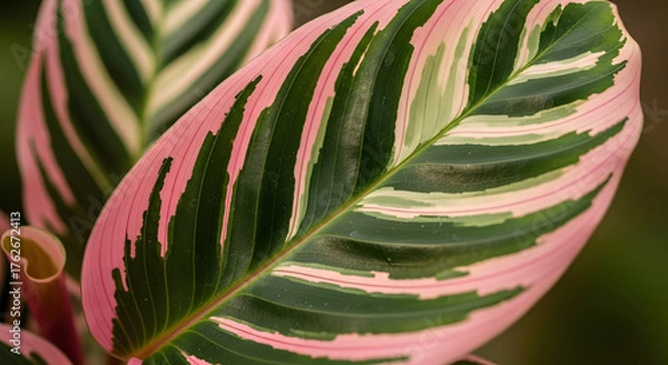 Obraz Close-up of a vibrant pink and green Calathea Triostar leaf showcasing its striking natural patterns.