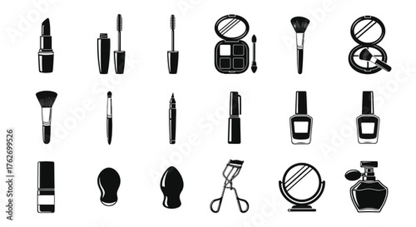 Obraz Collection of cosmetic products and beauty tools in monochrome silhouette