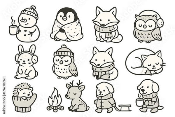 Obraz Cozy Chilly Characters set of icons in doodle hand-drawn vector style: snowman with mug, penguin with blanket, bear in sweater, fox in scarf, rabbit in earmuffs, owl in hat, cat
