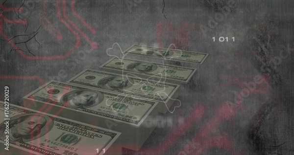 Obraz Forming US hundred-dollar bills staircase in digital space, with red circuit and binary digits