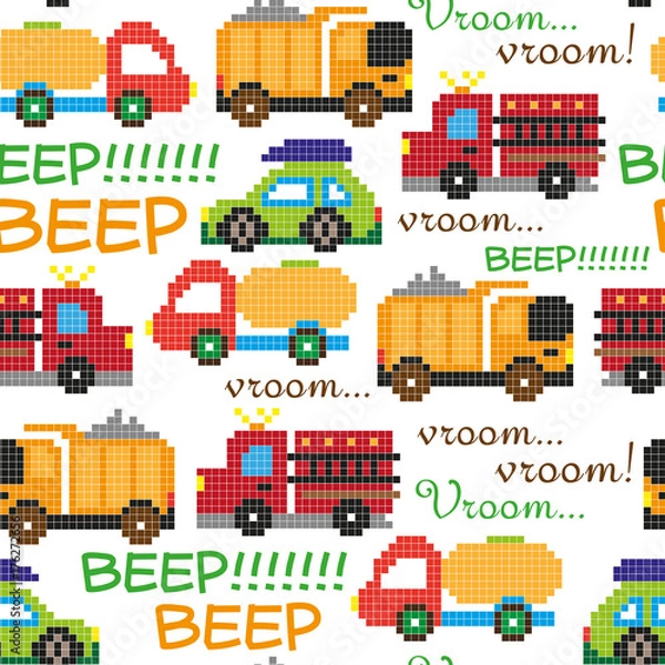 Obraz Seamless pattern with comic pixel cars on white background. Vector illustration