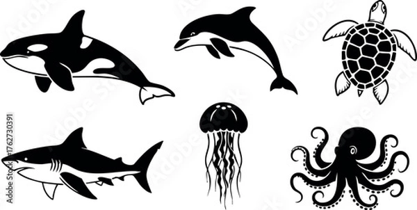 Fototapeta Marine animals vector collection with dolphin, orca, shark, turtle, jellyfish, and octopus silhouettes for design and education purposes
