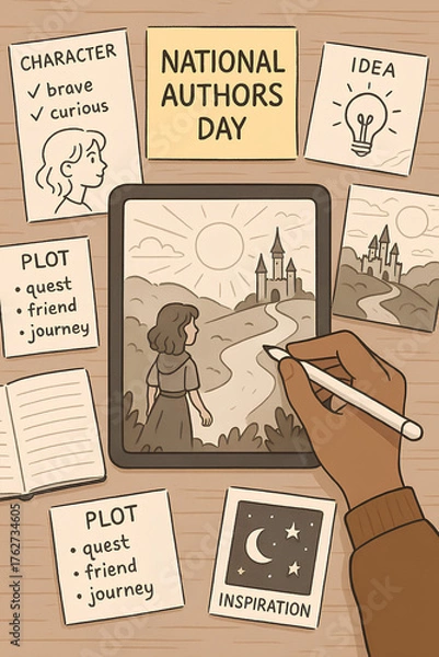 Fototapeta Celebrate National Author's Day with story inspiration, character development, and plot creation on a digital tablet, crafting tales of friendship, quests, and incredible journeys
