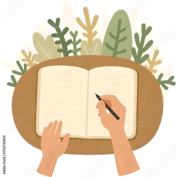 Obraz 숲속벤치에서일기쓰는손과다이어리