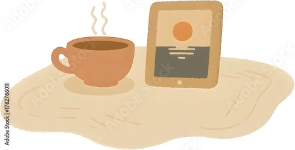 Obraz 태블릿으로보는여행사진과따뜻한차한잔