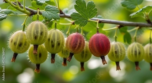Fototapeta Close-up of ripe and unripe gooseberries hanging from a branch with green leaves.