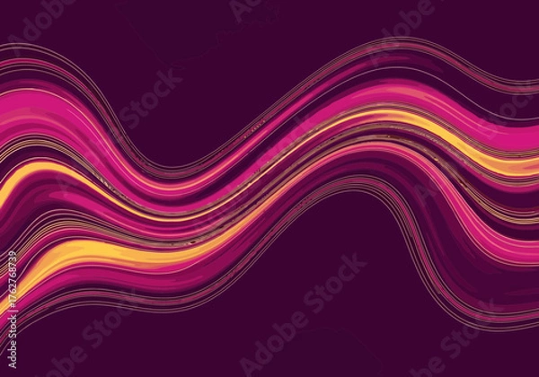 Fototapeta Illustration of vibrant abstract wavy lines of pink and yellow flowing across a dark purple background, creating a dynamic and energetic visual effect