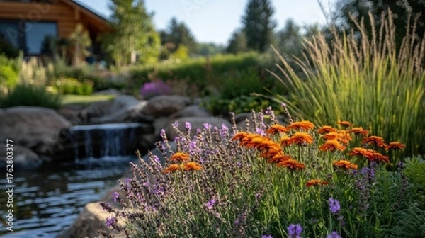 Fototapeta Lush garden landscape with waterfall and colorful flowers near a cabin
