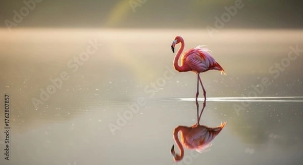 Fototapeta Flamingo Standing in Calm Lake with Reflection, Soft Morning Light