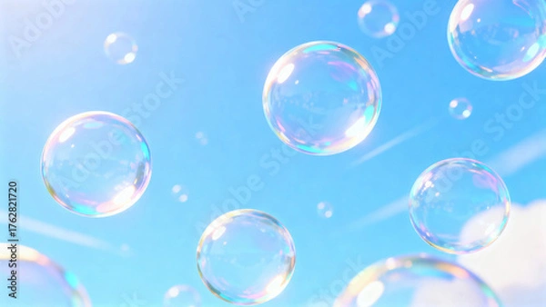 Fototapeta Transparent soap bubbles floating in a clear blue sky with soft sunlight reflections
