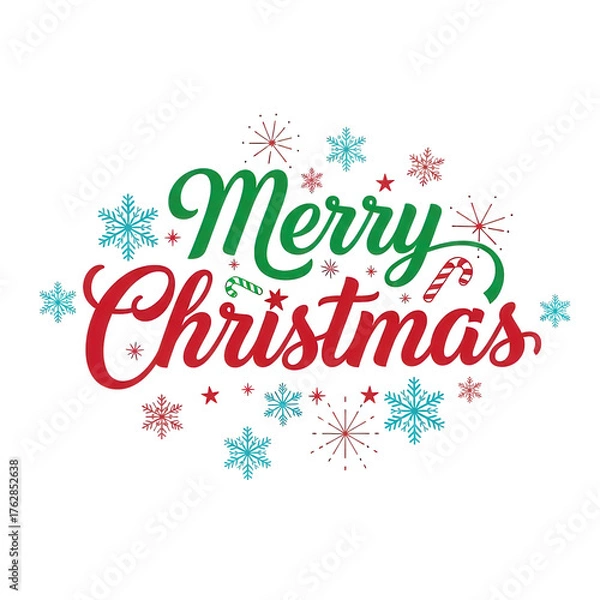 Fototapeta Merry christmas text with snowflakes and fireworks isolated on transparent background