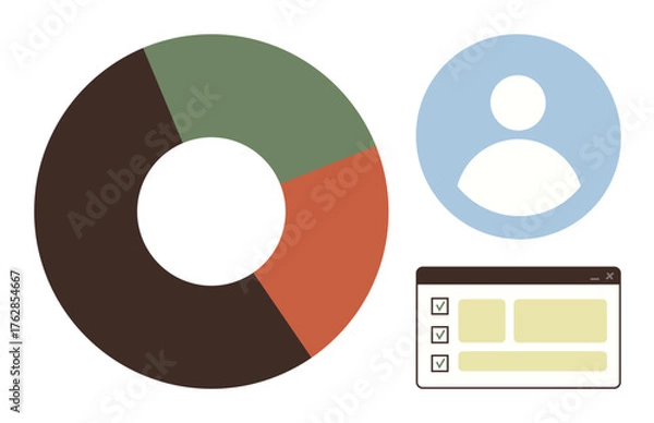 Obraz Pie chart divided into three colored sections, blue user profile icon, and checklist widget with ticked boxes. Ideal for data analysis, statistics, user management, progress tracking, analytics