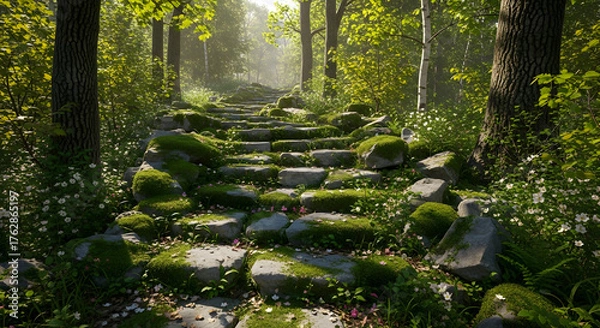 Fototapeta Stone Staircase Covered in Moss and Blossoms