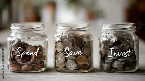 Fototapeta A clean and organized desk featuring three labeled jars for spending and saving money.