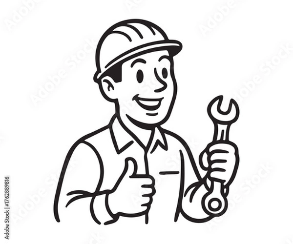 Fototapeta Cartoon handyman giving thumbs up with wrench in hand, ready to fix anything you need with a smile and positive attitude, great for service ads