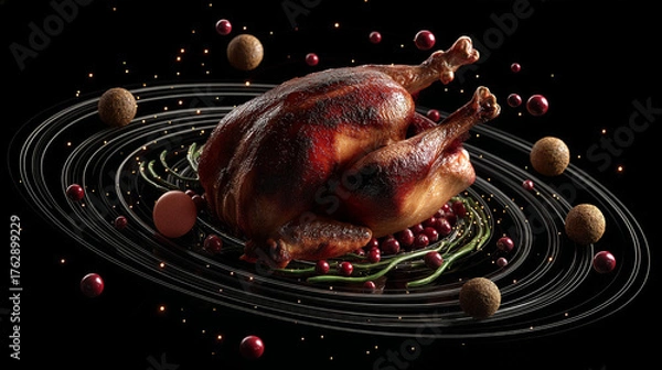 Fototapeta A roasted turkey floats in a cosmic orbit of cranberries, spices, and glowing particle - Generative AI