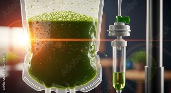 Obraz Close-up of an IV drip bag filled with a vibrant green liquid, suggesting medical treatment or nutritional therapy.