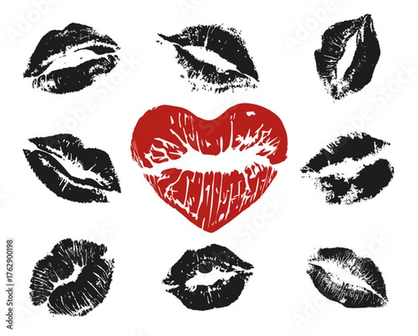 Fototapeta Lipstick kiss collection isolated on a white background. Set of lipstick kiss