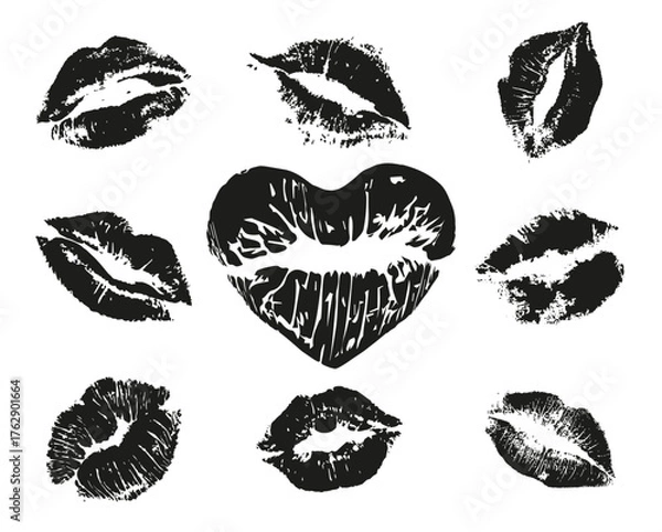 Fototapeta Collection of lipstick kiss isolated on a white background. Lipstick kiss set
