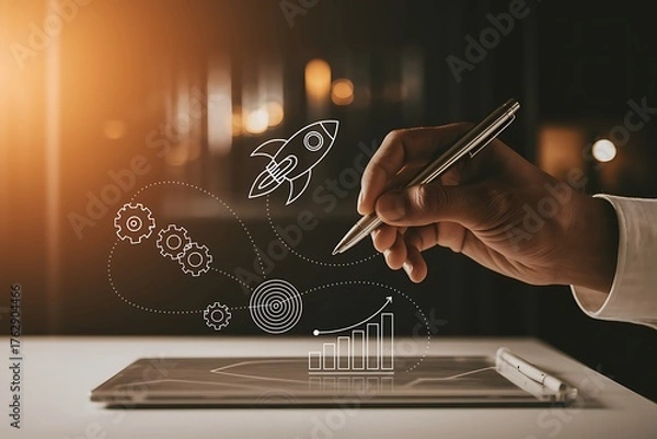 Fototapeta Startup business trend growth concept, improve development chart of company. Graph upward arrow grow up. Plan best sale performance return on investment stock, opportunity success challenge strategy