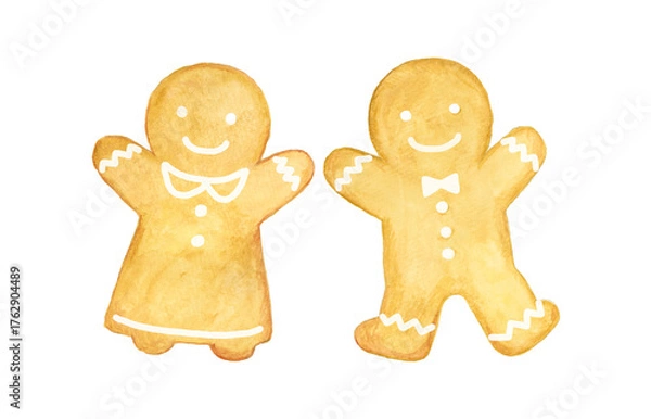 Obraz 水彩手描きの可愛いジンジャーブレッドクッキー – クリスマス用イラスト素材