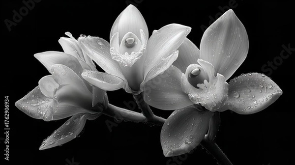 Fototapeta Monochrome Symphony: Three Dew-Kissed Orchids Blossoming Against the Darkest of Black Backdrops