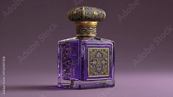 Fototapeta Elegant perfume bottle with gold embellishments displayed on a soft purple background