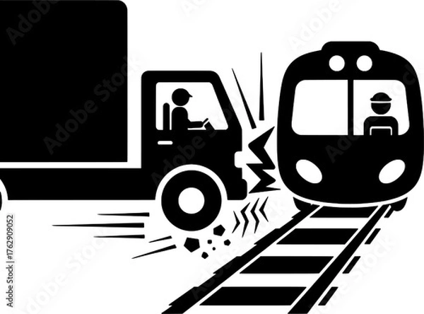 Obraz Train and Truck Collision Icon at Railroad Crossing Accident