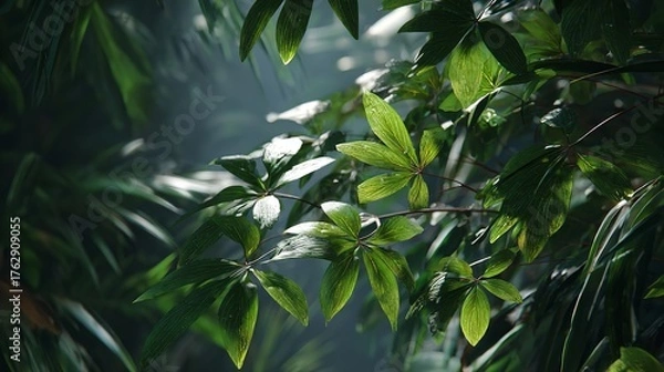 Obraz Lush Jungle Canopy with Sunlit Leaves and Mysterious Ambient Atmosphere