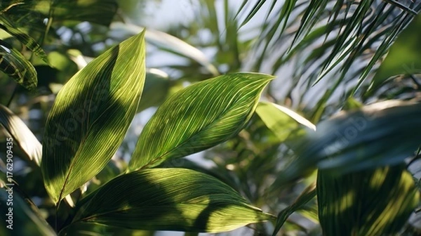 Obraz Lush foliage in sunlight: A captivating botanical scene with natural textures.