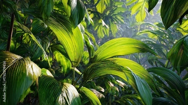 Obraz Sunlit tropical foliage with vibrant green leaves creating dense jungle landscape.