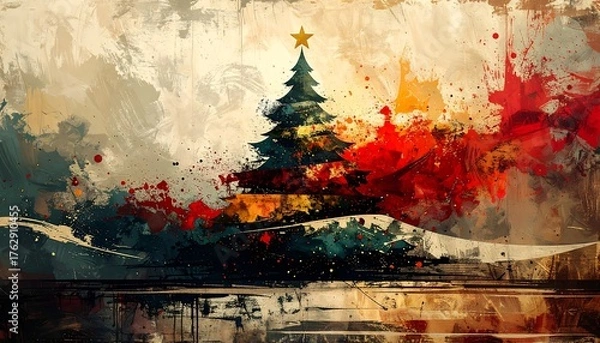 Fototapeta Abstract painting of a festive Christmas tree with splashes of color