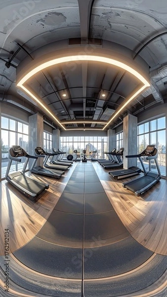 Fototapeta Panoramic view of a modern fitness center with treadmills, hardwood floor, and large windows