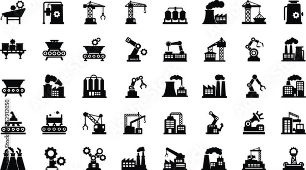 Obraz Collection of black industrial factory and machinery icons vector