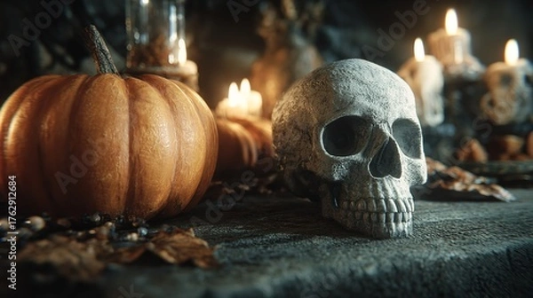 Obraz Autumnal Still Life: Pumpkin, Skull, and Candles, a Spooky Halloween Arrangement