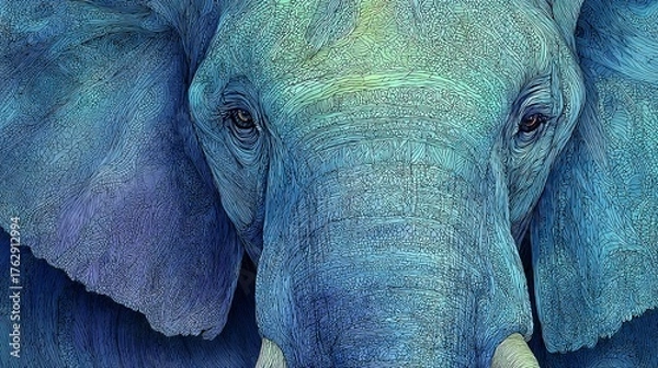 Fototapeta Artistic Elephant Portrait with Blue Tones and Intricate Graphic Detailing