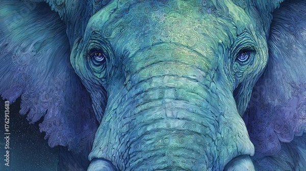 Fototapeta Intricate blue elephant portrait exhibits remarkable detail and artistic expression with its unique coloring