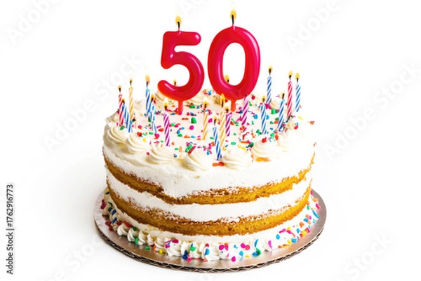 Fototapeta Delicious layered birthday cake celebrating fiftieth anniversary with lit candles and sprinkles isolated on white background