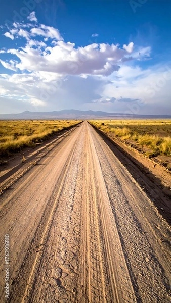 Fototapeta An endless dirt road stretches to the horizon under a blue sky