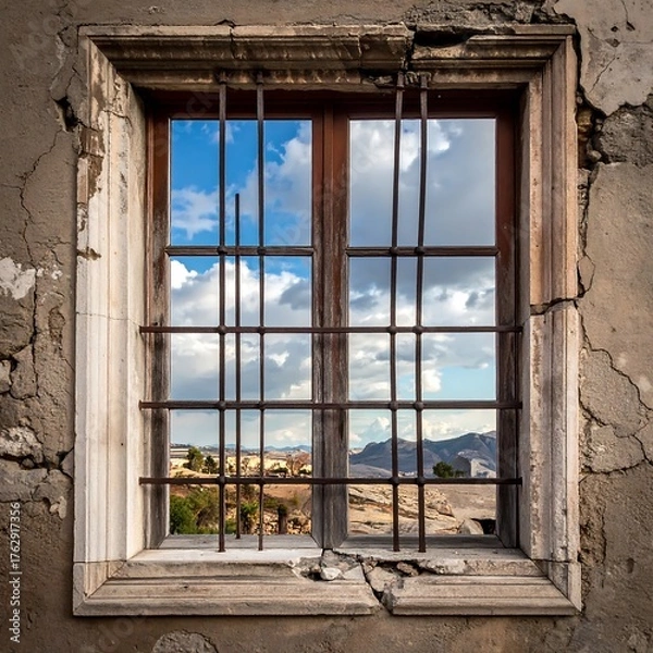 Fototapeta An old, weathered window with metal bars, showing a scenic sky