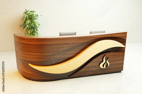 Fototapeta Elegant wood and gold reception desk for modern office interiors isolated on white background