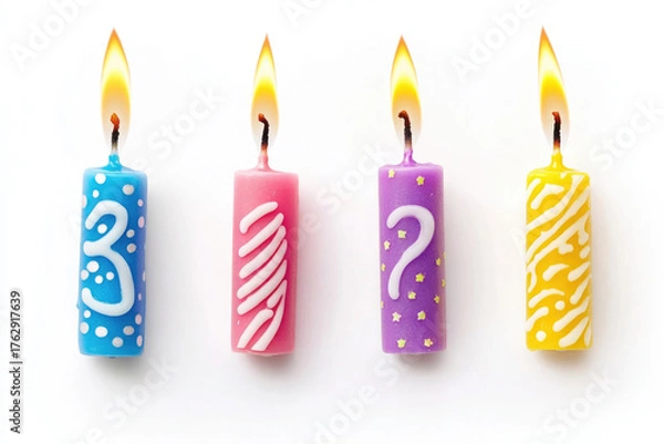 Fototapeta Four colorful lit birthday candles in a row celebrations party decorations isolated on white background