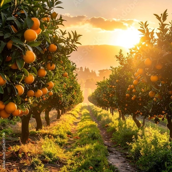 Fototapeta An orange grove basking in the warm light of the setting sun