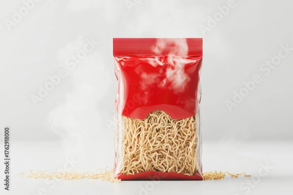 Fototapeta Delicious instant noodles in red transparent packaging with wisps of steam isolated on white background