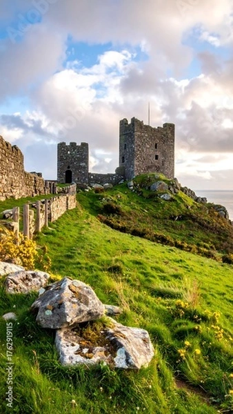 Fototapeta Ancient stone castle overlooking the coast, grassy hill, and dramatic clouds