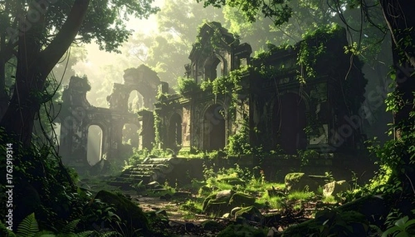 Fototapeta Ancient stone ruins overgrown with lush vegetation in a vibrant forest