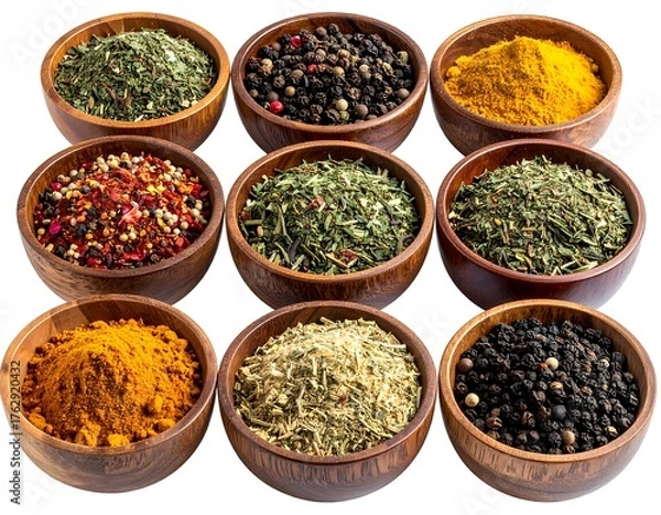 Fototapeta Array of nine wooden bowls holding various herbs and spices